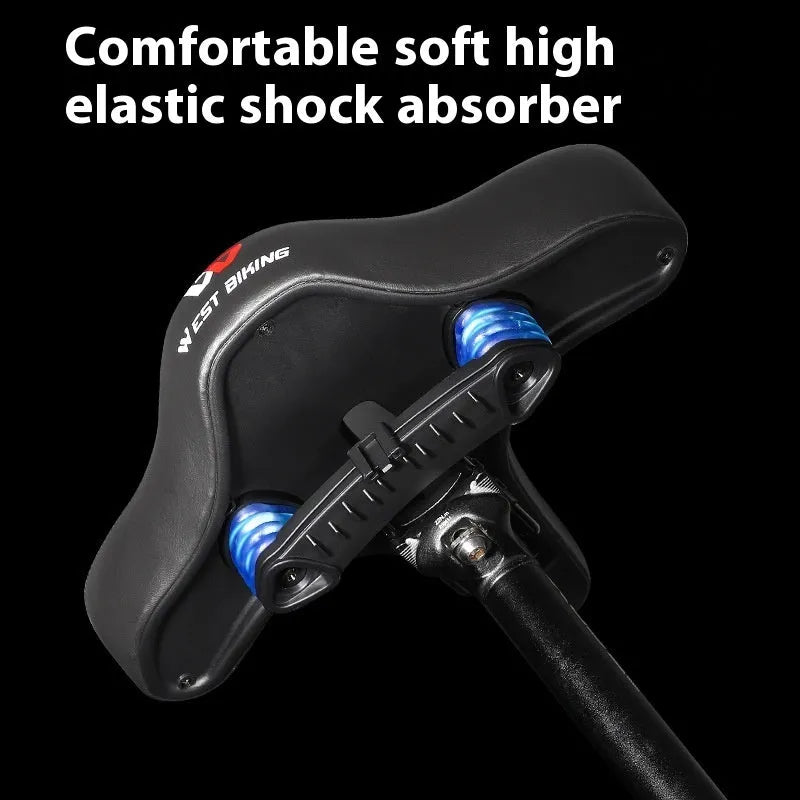 Black bicycle saddle cushion with thickened foam padding for shock absorption.