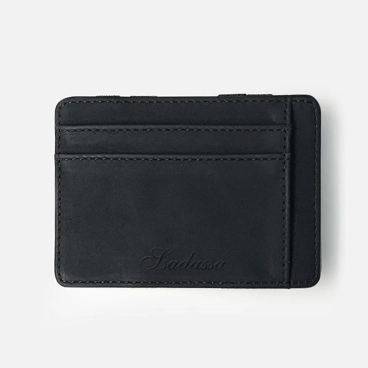 Korean style matte leather magic wallet in horizontal square shape, showing coin pocket and sewing line details.