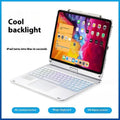 Miaocontrol silver rotating Bluetooth keyboard attached to an iPad tablet showing a 45-degree angle.