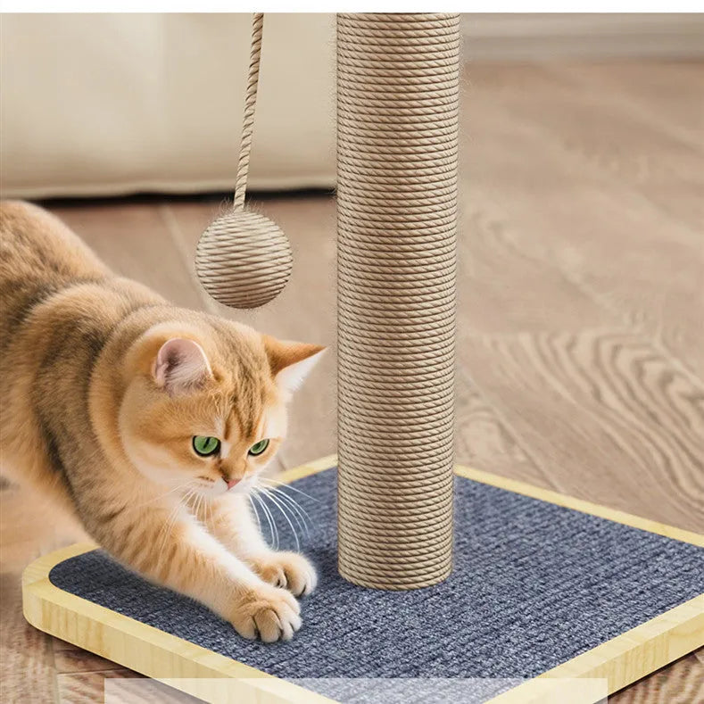 Pine wood cat climbing frame with carpet scratching surfaces and a windmill hanging ball toy.