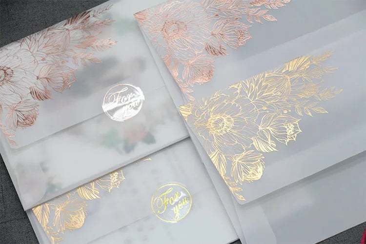 Sulphuric acid paper invitation cards with bronzing matte varnish in gold and rose gold colours