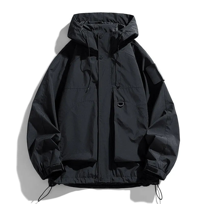 Men's black hooded windproof waterproof coat with long sleeves, shown in a regular length cut.