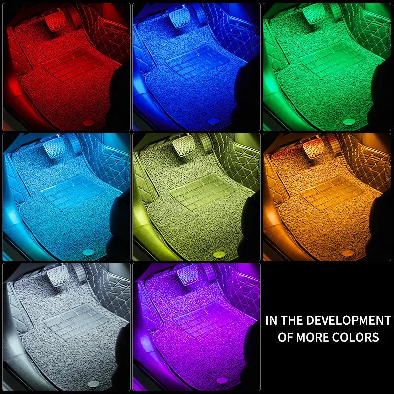 Car interior footwell LED accent lighting kit with four light strips and voice control unit