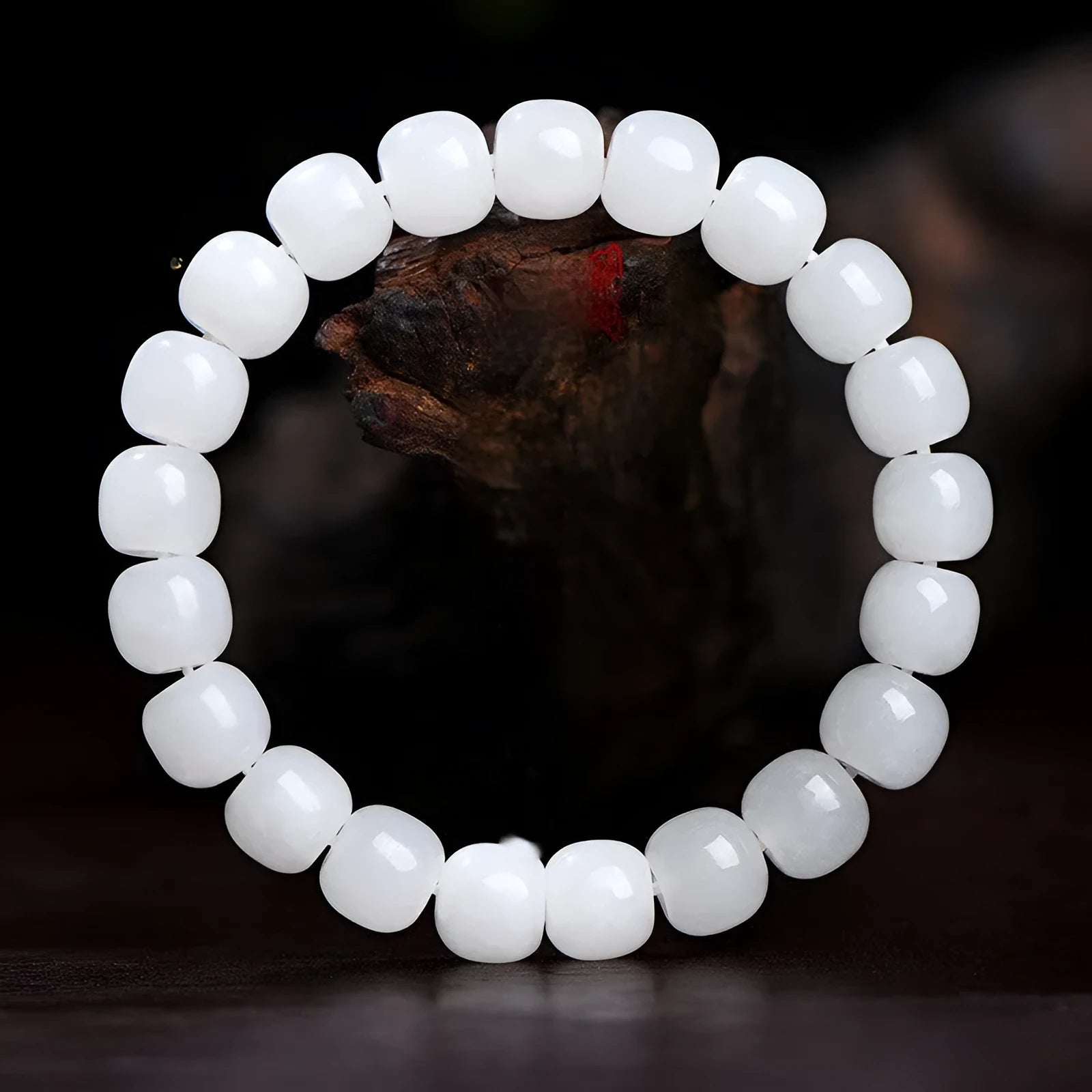 White jade barrel bead bracelet showing Hetian jade construction with traditional barrel beads