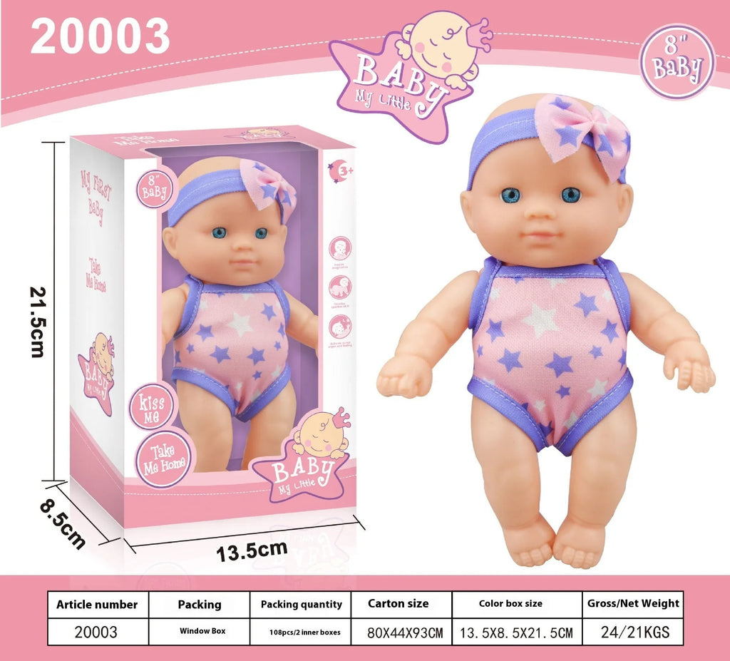 21.5cm tall simulation baby vinyl figurine doll in one of six colour variations on display
