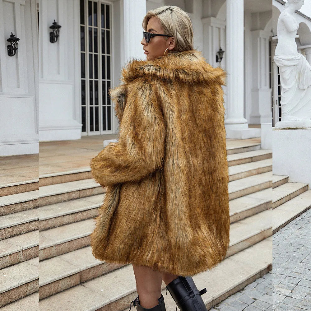 Yellow women's artificial fur coat with loose fit and regular sleeves