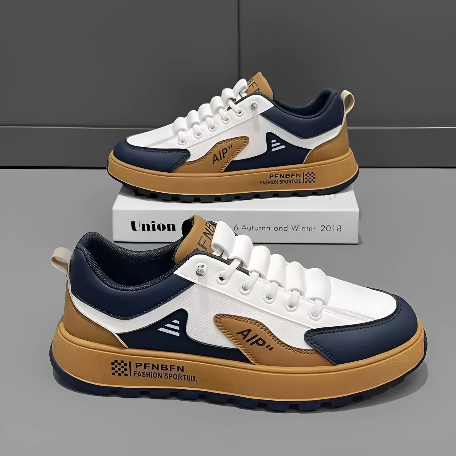 Men's round toe casual shoes in artificial PU, shown in M15 white-orange, white-black, and white-brown colour options