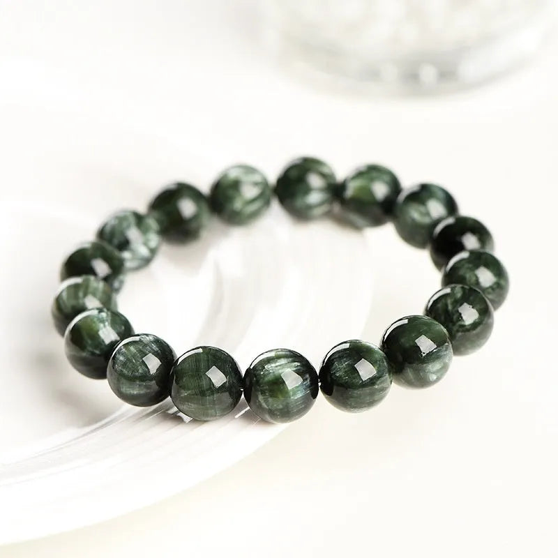 Natural Green Dragon Crystal round bead bracelet with 8-9mm beads and geometric Ruyi design