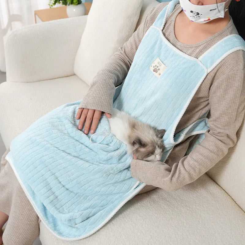 Cat petting apron in multiple colour options including pink, light blue, and striped patterns for grooming protection