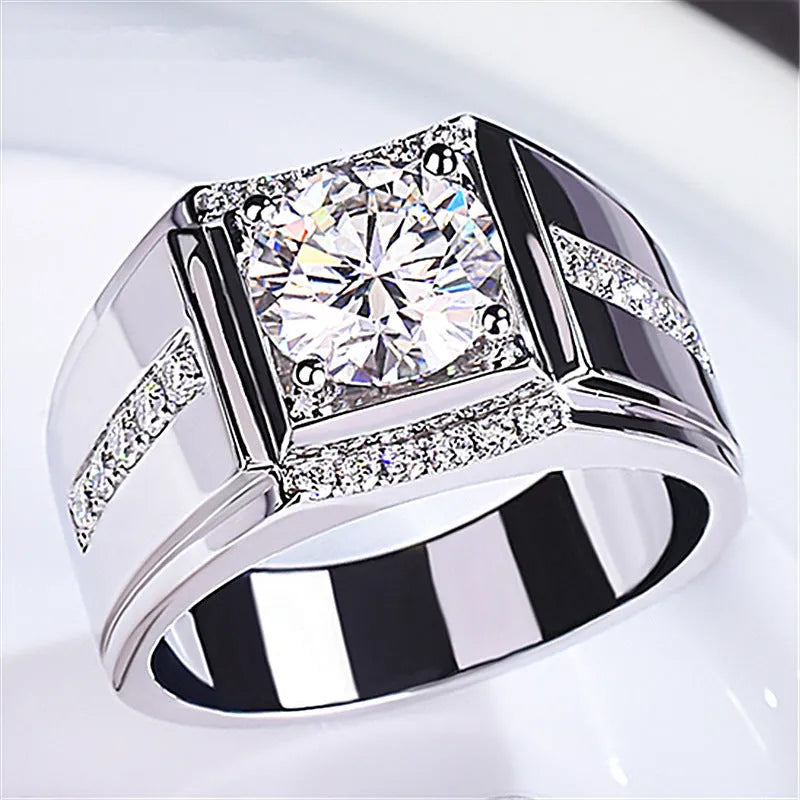 Men's adjustable geometric ring with high carbon zircon stones on a rose gold electroplated band.