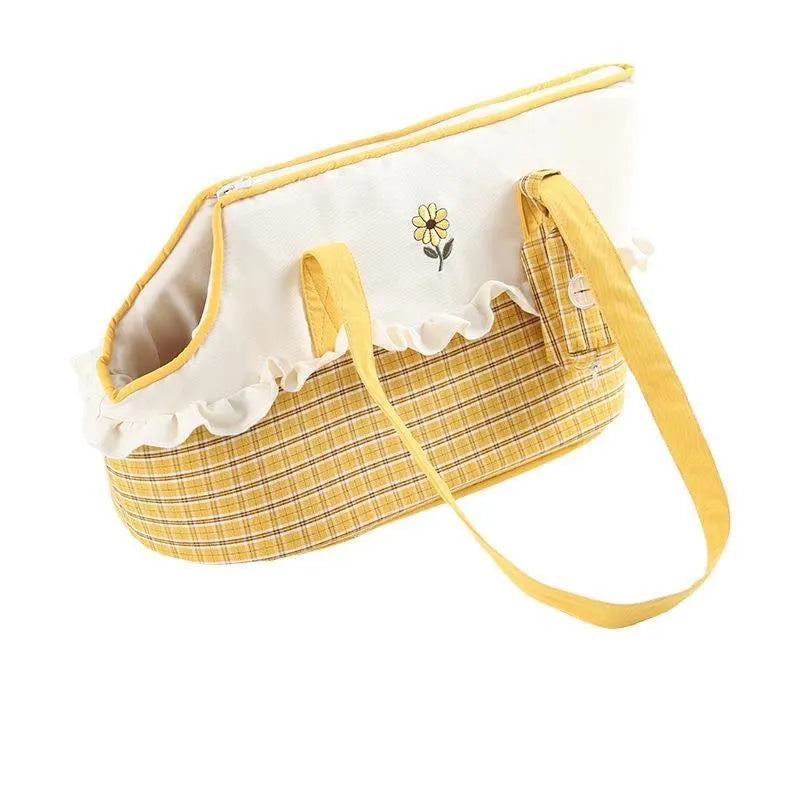Short plush shoulder pet carrier bag in cartoon pattern colours for cats or small dogs