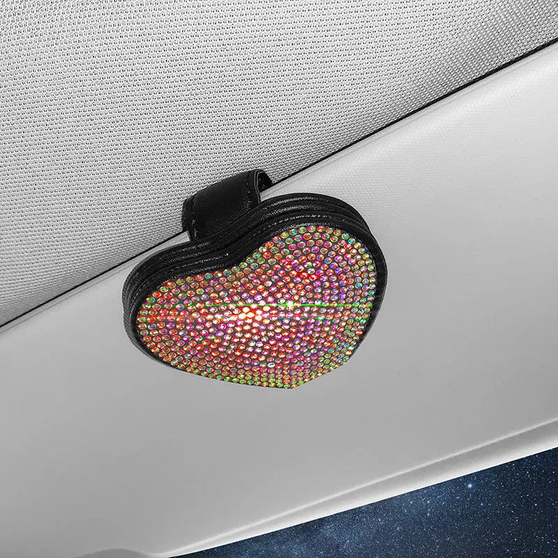 Colourful diamond-encrusted PU leather car sun visor clip with magnetic document holder and glasses clip