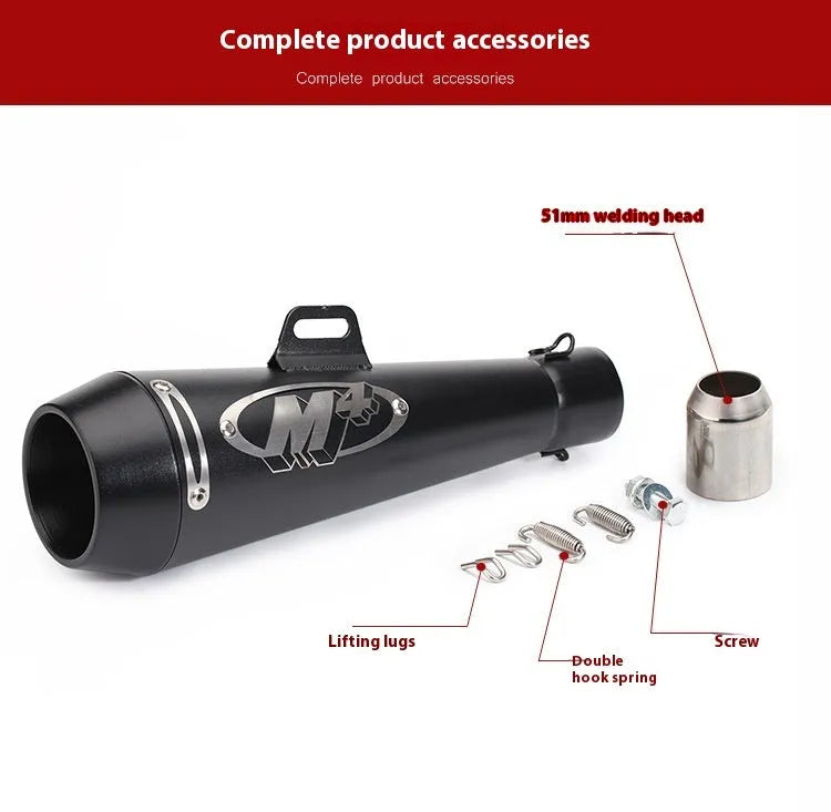 M4 style universal motorcycle exhaust pipe shown in black, titanium, and blue finish options.