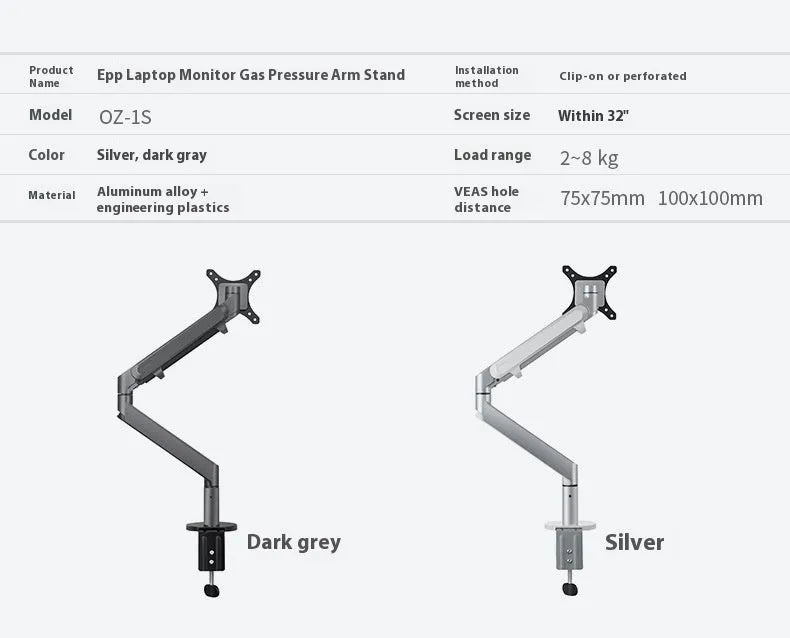 Silver aluminium laptop stand with air pressure arm bracket and rotating platform