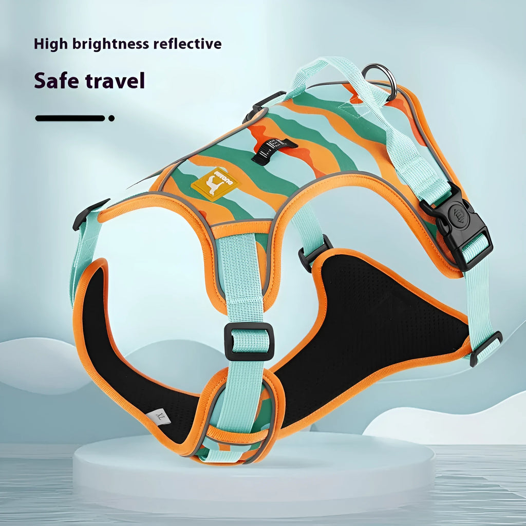 Orange reflective dog walking leash with integrated chest and back harness made from Oxford cloth.