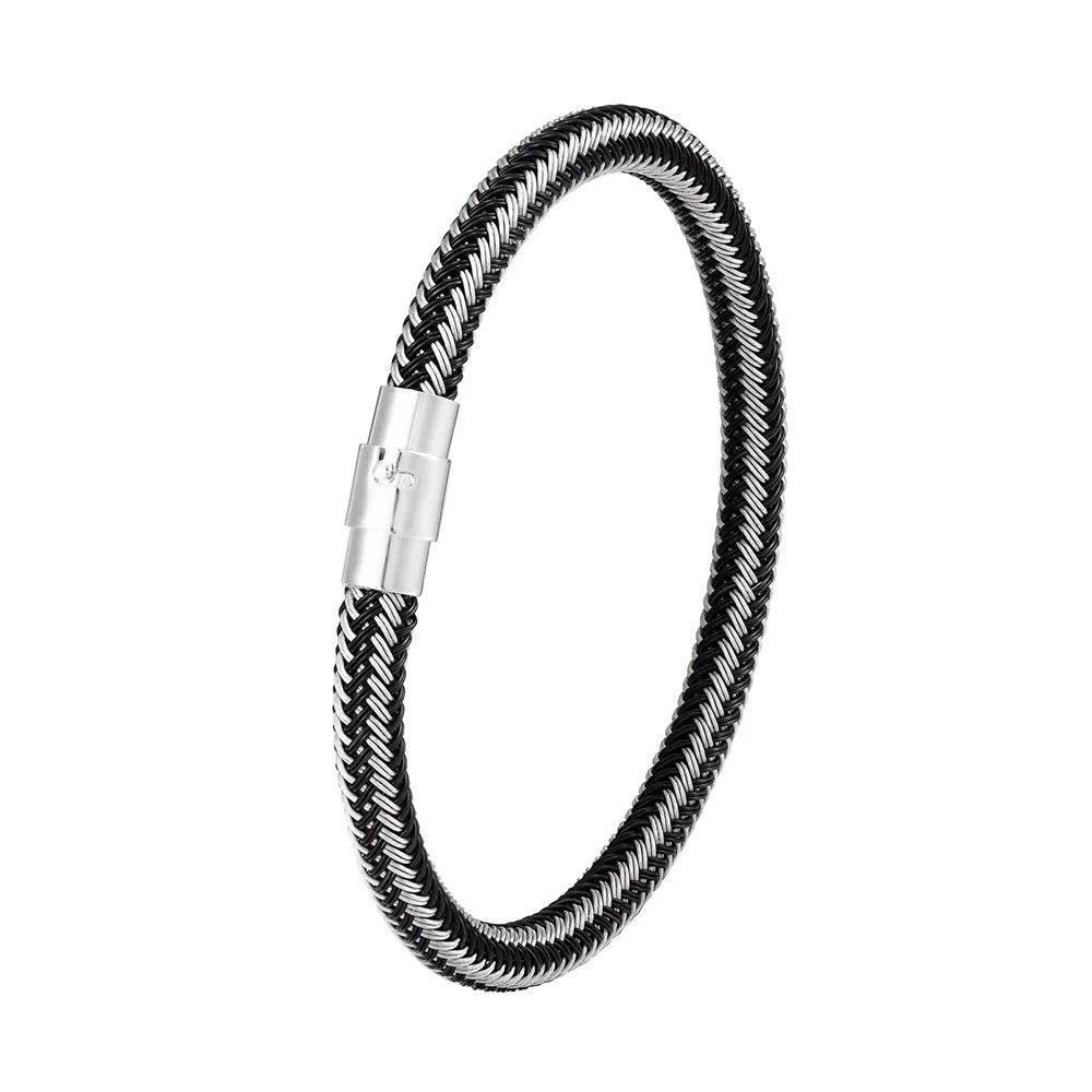 Titanium steel geometric wire bracelet with a magnetic clasp shown in multiple colour options.