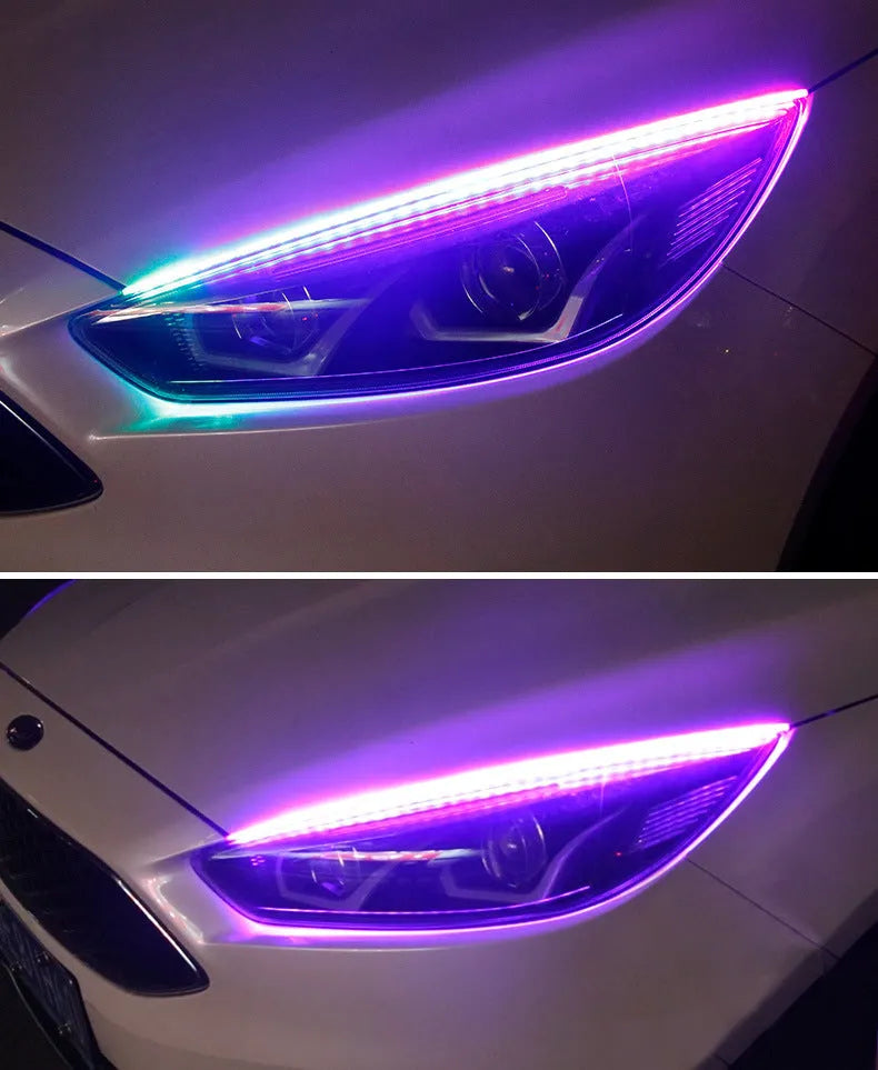 Colourful RGB LED daytime running light strip with remote control for vehicles.