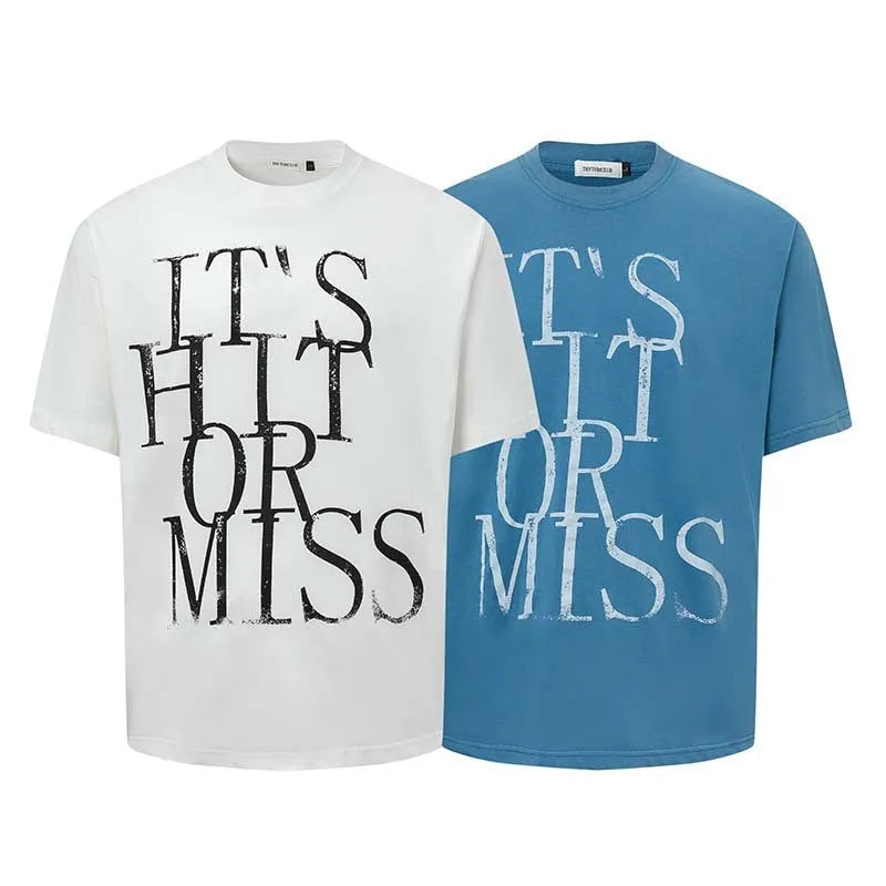Man's loose blue cotton blend T-shirt with white retro letter printing on the front.