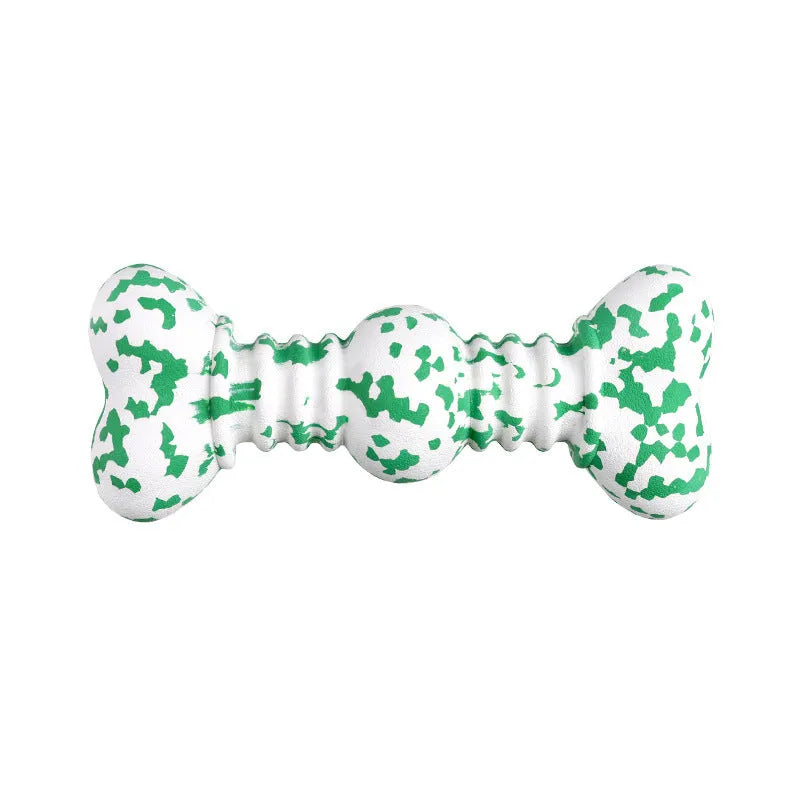Green, white, and yellow camouflaged natural rubber bone-shaped chew toy for large dogs.