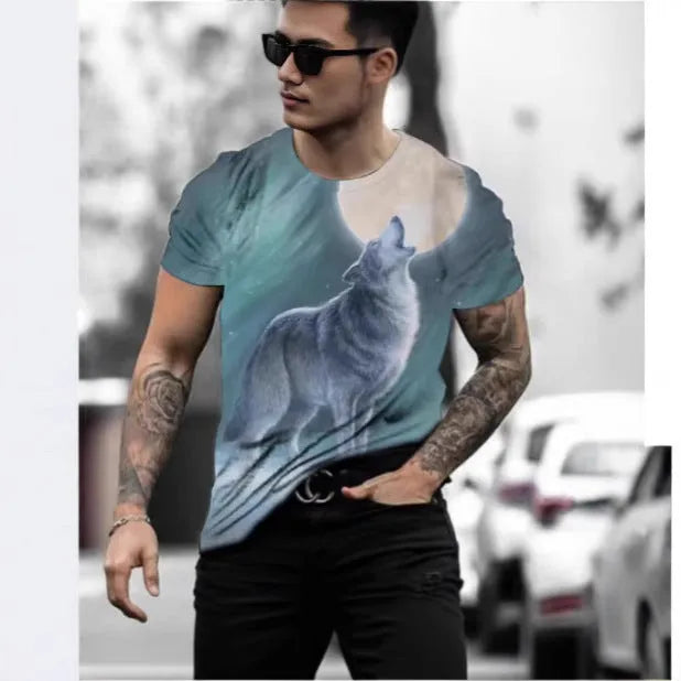Retro 3D animal print on a men's short-sleeved light grey t-shirt.