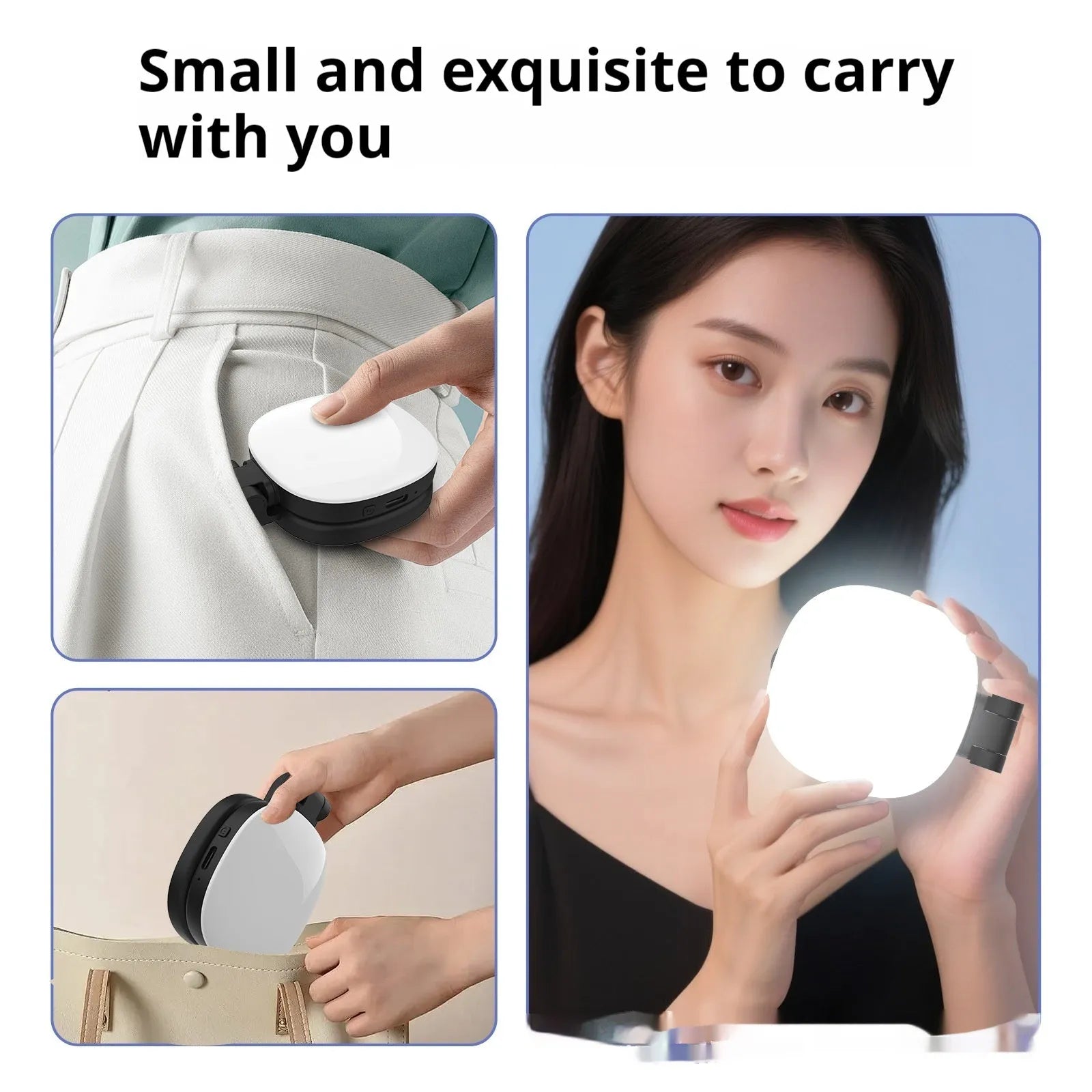 Mini mobile phone fill light with magnetic attachment showing black and white colour options