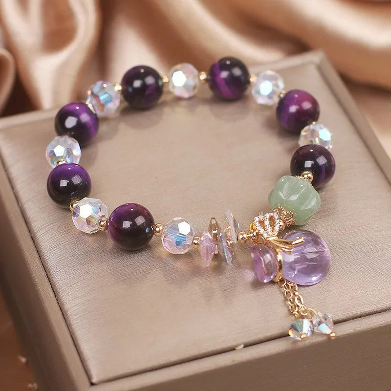Purple Tigereye money bag pendant transport bracelet with crystal and rhinestone details