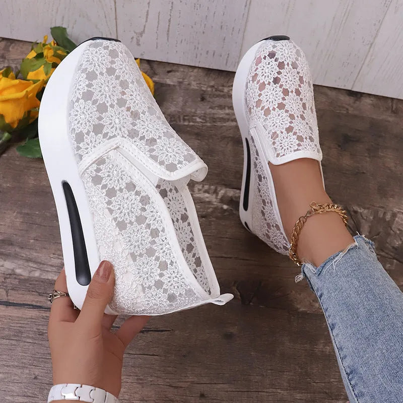 Lace mesh women's flat shoes with inner heightened platform, round toe, satin upper, pink and white colours