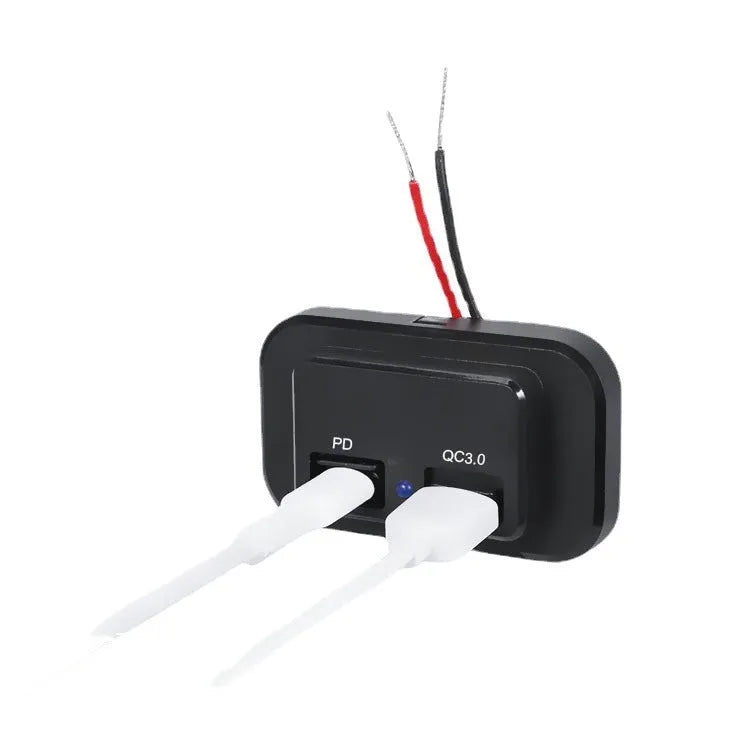 Black QC3.0 and PD 3.0 fast car charger with Type-C port for 36W charging in vehicles.