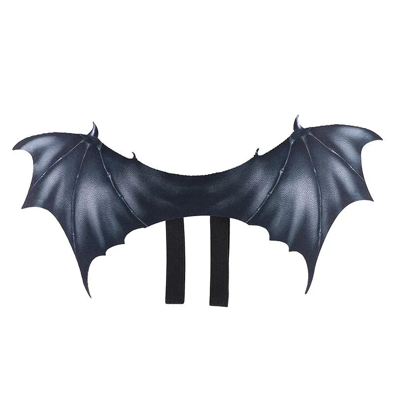 Black cloth bat wings Halloween costume shown on a dog, with size options for 40cm, 55cm, and 64cm wingspans.