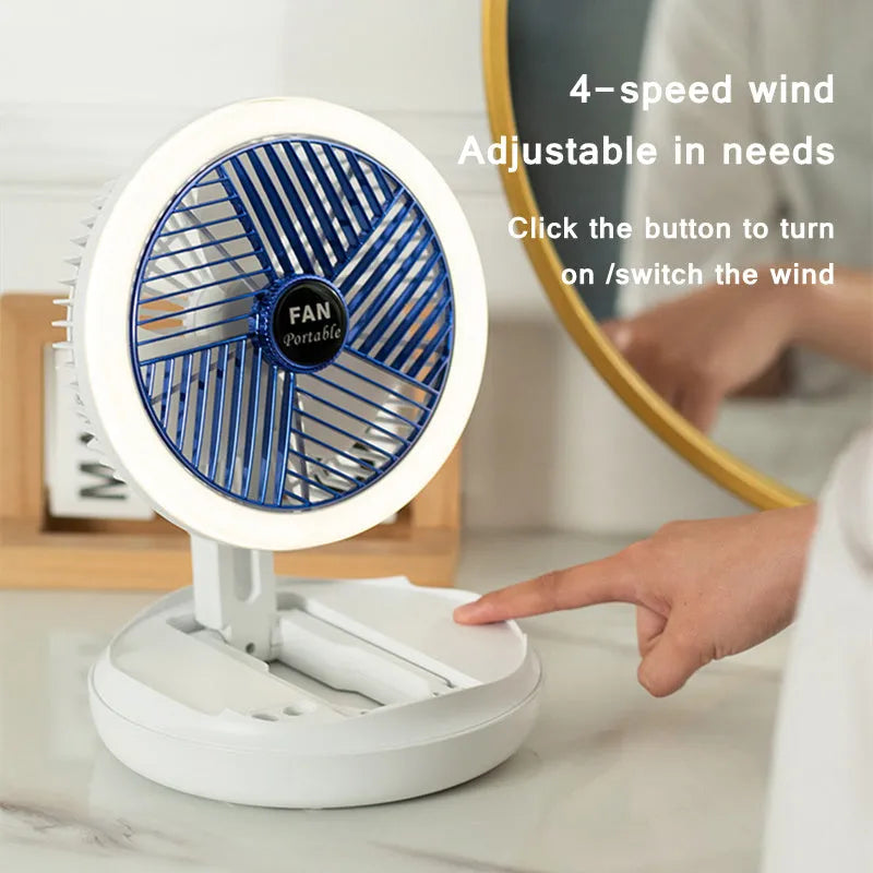 Blue foldable USB desk fan with LED light, shown in open position with 300° head tilt