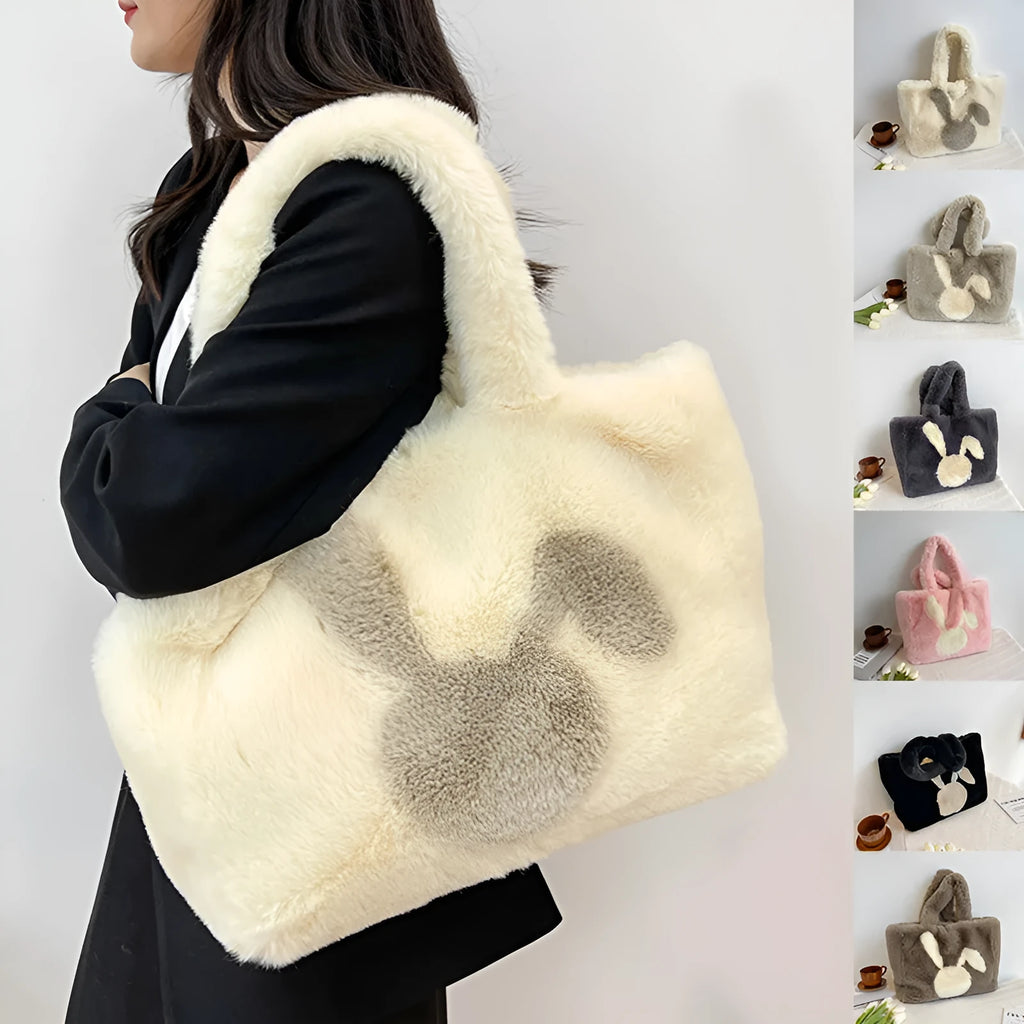 Cartoon rabbit ears plush shoulder tote bag in solid colour with large capacity