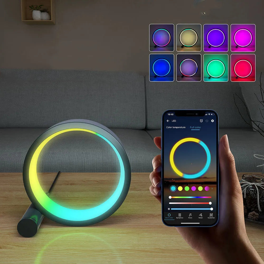 Modern aluminium smart LED atmosphere light with colourful projection, showing app and music control.