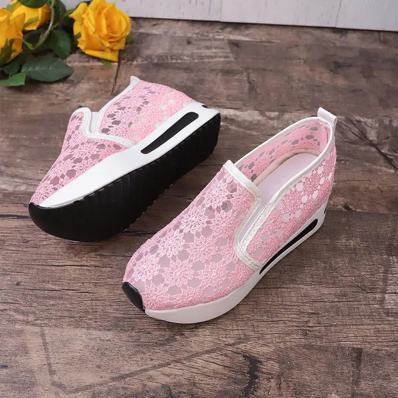 Lace mesh women's flat shoes with inner heightened platform, round toe, satin upper, pink and white colours
