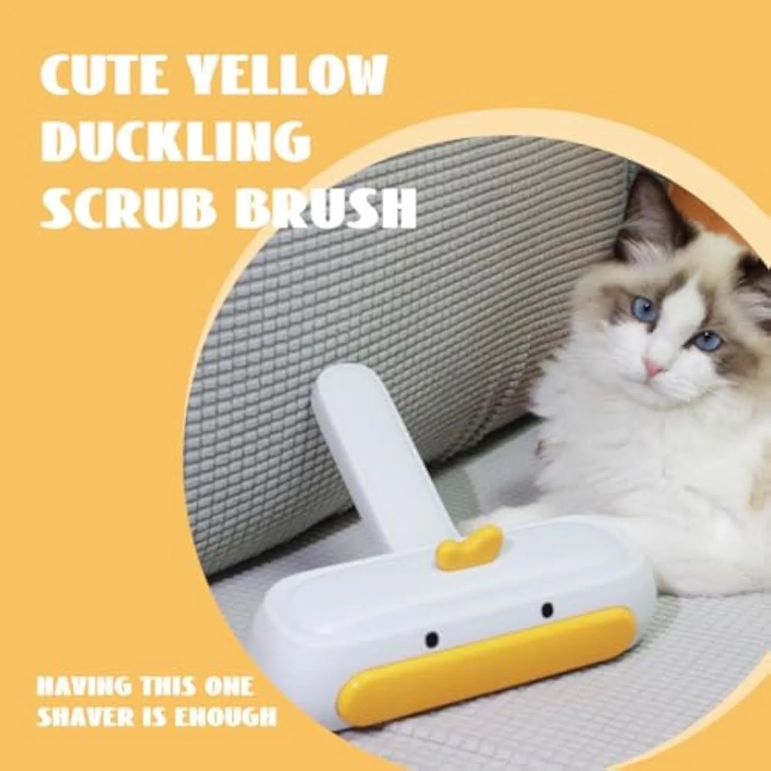 Yellow duck design portable pet hair remover brush with plastic body and polyester bristles.