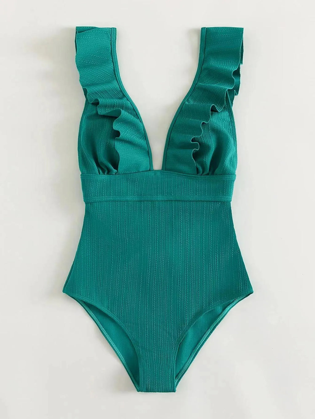 Women's one-piece swimsuit with ruffled shoulders, adjustable straps and back lace design in solid colour