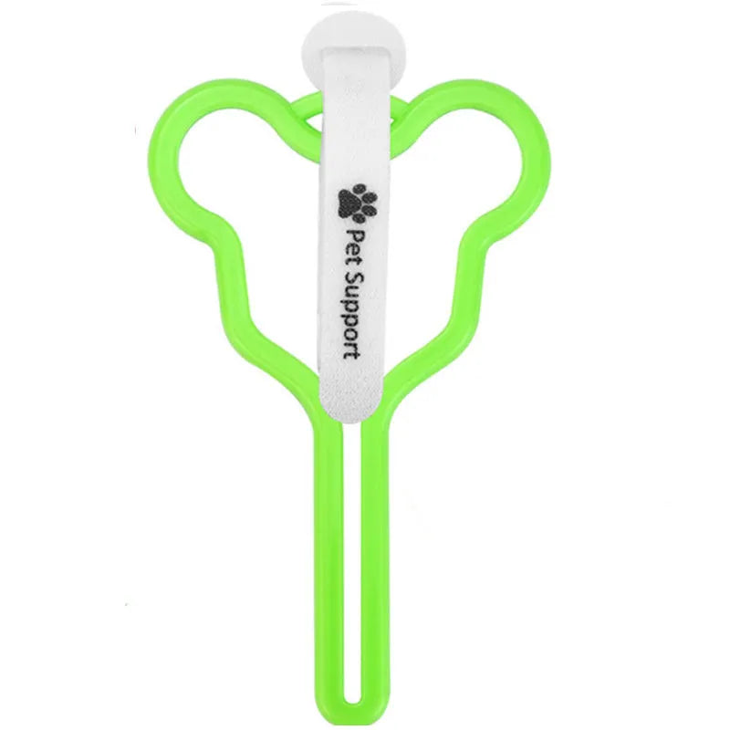 A coloured dog poop bag holder with a Velcro strap attached to a dog lead.