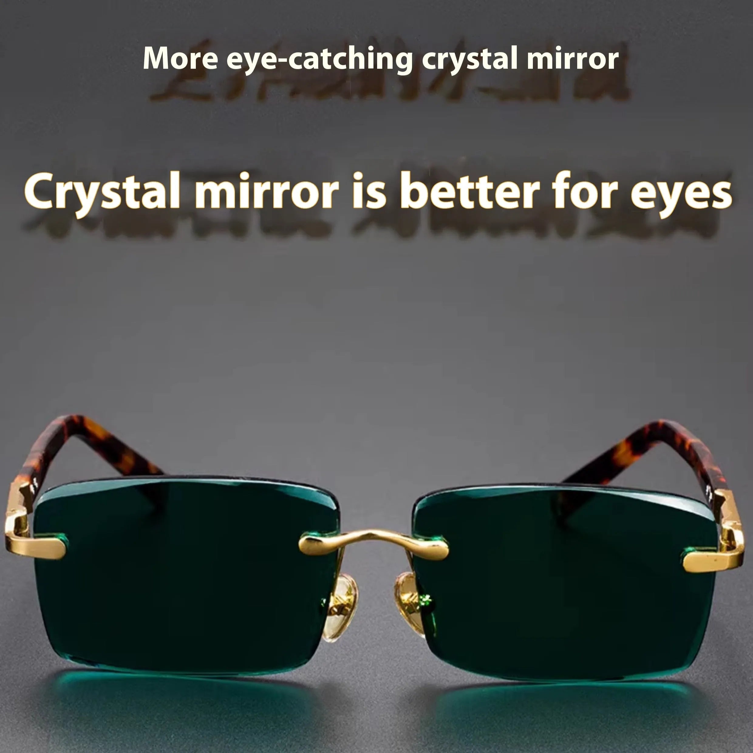 Frameless dark green sunglasses with a crystal aesthetic style, shown with a matching case and lens cloth.