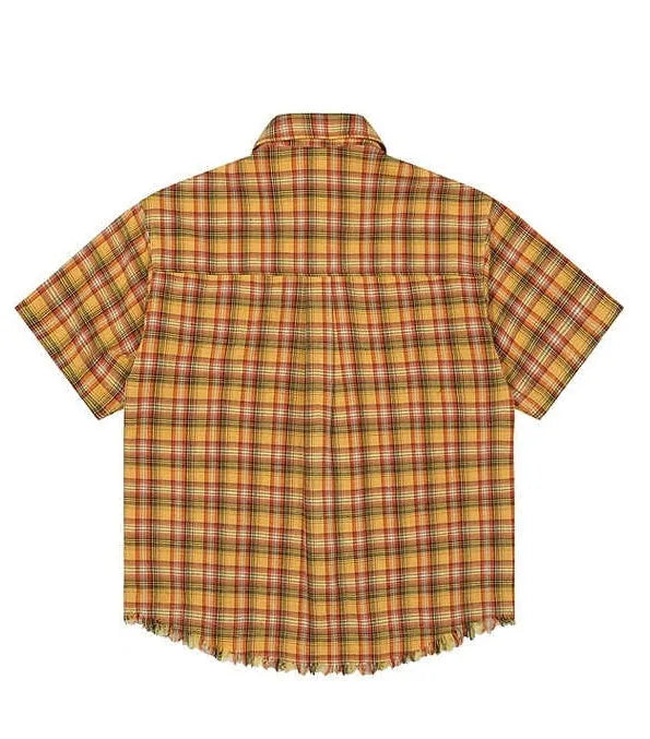 Yellow plaid short sleeve shirt with embroidered pocket for men and women