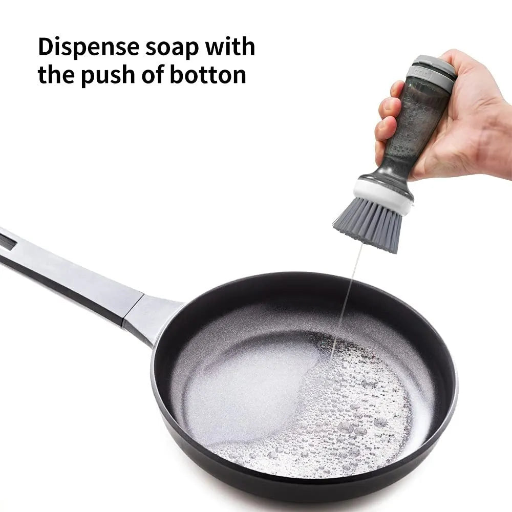 Milk white and mint green dish brush with soap dispenser in handle and non-scratch bristles