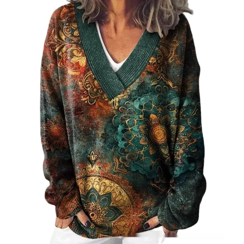 Women's V-neck long sleeve sweatshirt with a retro 3D floral pattern print in a colour from the E073 range.