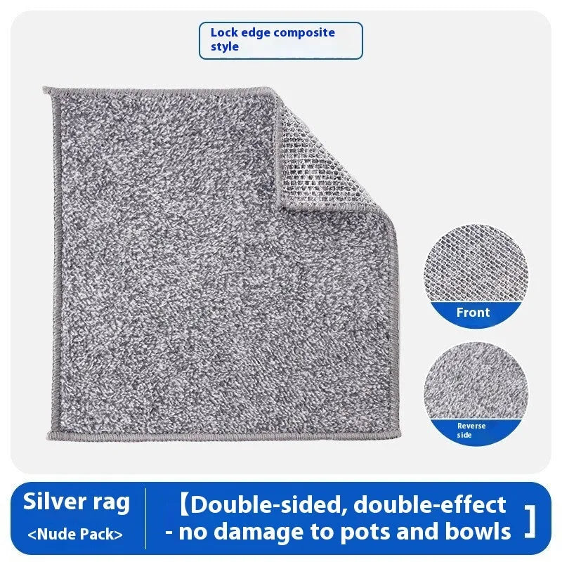 Silver coloured square microfiber scourer pad for cleaning kitchen pots and bowls.