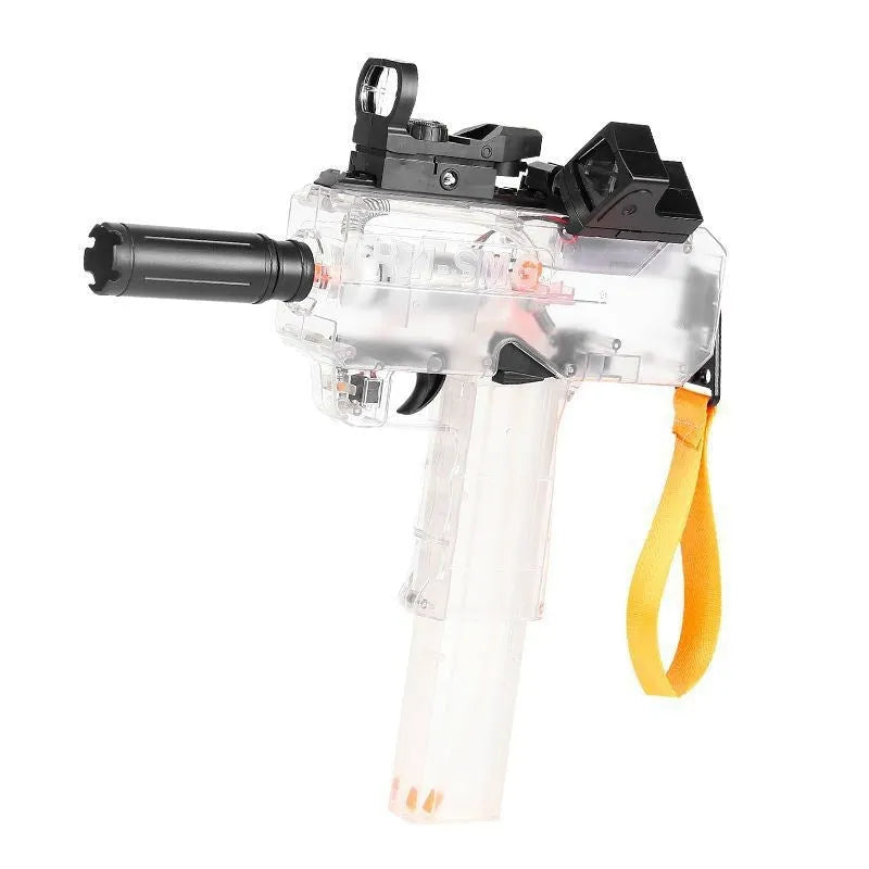 Transparent rechargeable electric water gun with accessories showing blue colour option