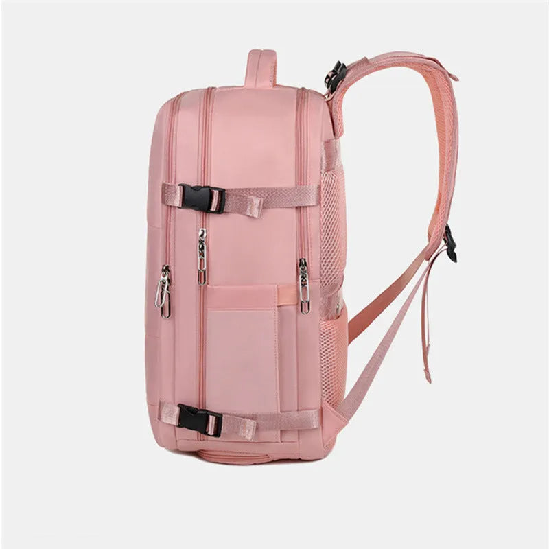 Large purple travel backpack with multiple compartments and an air pillow belt, shown open to display interior organisation.