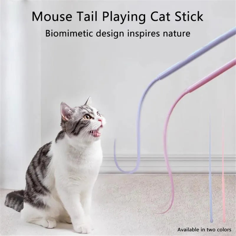 Blue simulated mouse tail cat toy with silicone tail and cat head handle measuring 80cm