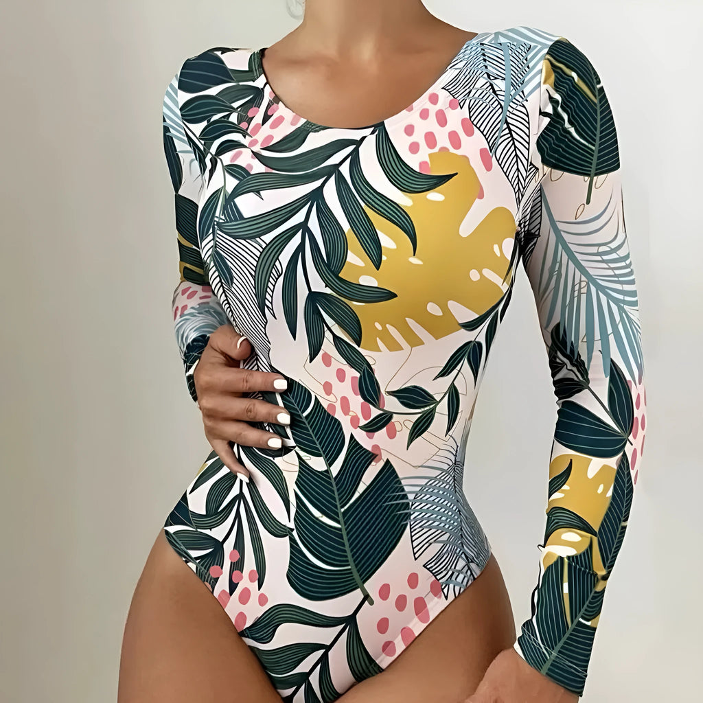 Women's printed floral one-piece swimsuit with split backless design in blue colour