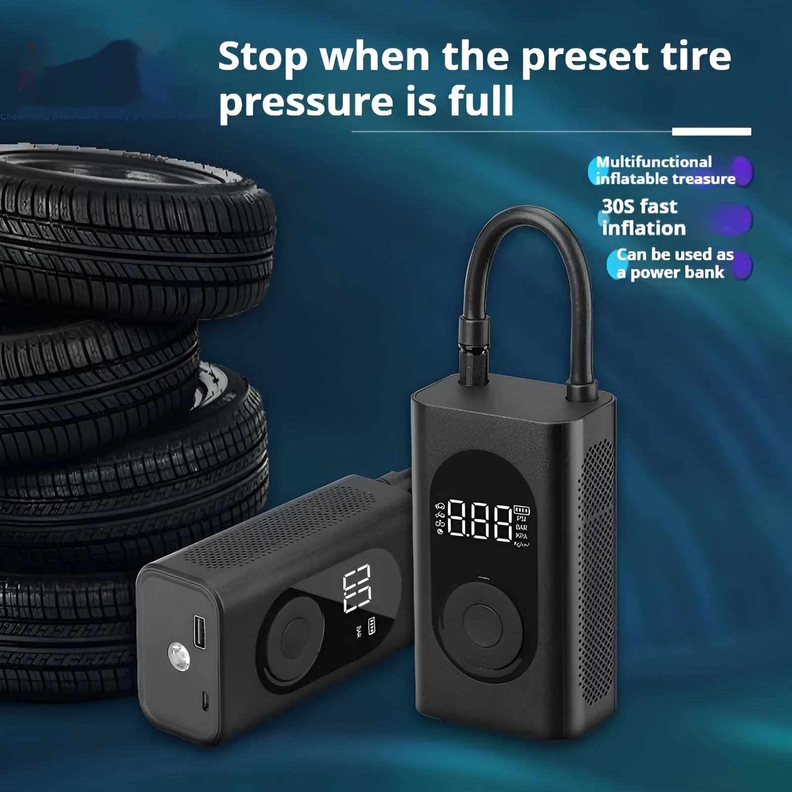 Compact black handheld wireless tyre inflator with digital display, attached air hose, and USB cable.