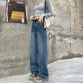 Women's high waist straight leg jeans in retro blue denim, shown on a model.