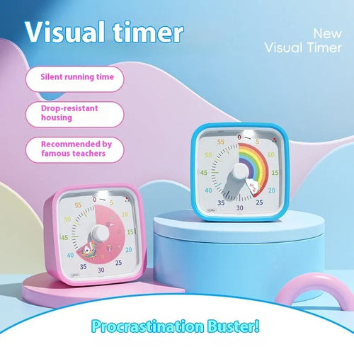 Anti-fall cartoon children's mute timer alarm clock with plastic shell in blue rainbow colour, compact 10x10x6cm size