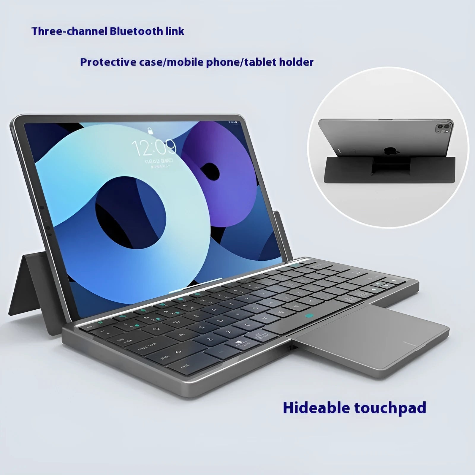 Black and grey wireless Bluetooth keyboard with touch pad next to its leather sheath stand for a tablet.