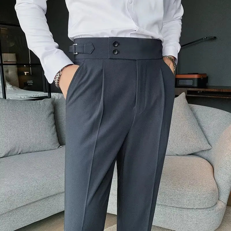 Retro high waist straight leg trousers in black, shown on a model.